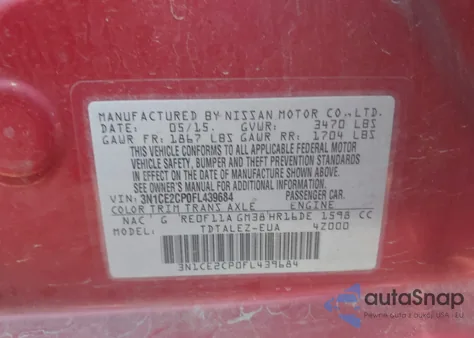 2015 Nissan Versa Note Sl из США, поврежденный, VIN 3N1CE2CP0FL439684